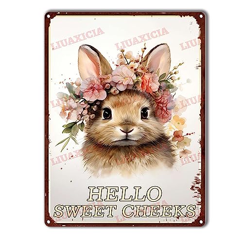 Divertido letrero de metal con diseño de conejo con flores para puerta de casa, jardín, bares, restaurantes, cafeterías, oficinas, tiendas, pubs, clubes, regalo de 20 x 30 cm