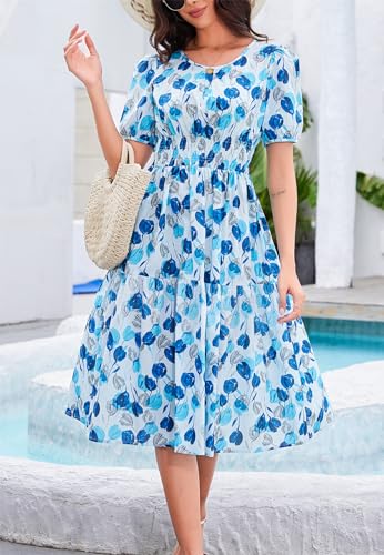 Image of Kormei Women Summer Casual Boho Floral Round Neck Short Sleeve Smocked Waist Tiered Flowy Swing Midi Dress XL Blue /Light Blue