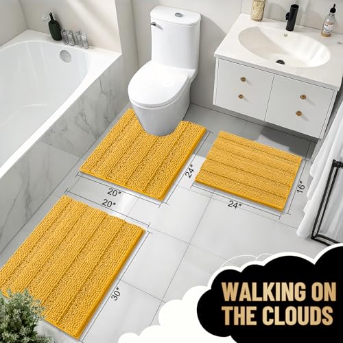 Image of OLANLY Thick Bathroom Runner Rugs 44x24, Extra Absorbent Chenille Striped Bath Rugs, Rubber Backing, Machine Wash, Long Bath Mats for Bathroom, Tub and Shower, Home Decor Accessories, Golden Yellow