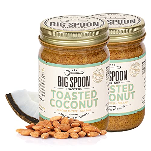 Big Spoon Roasters Toasted Coconut Almond Butter with Sea Salt - Keto Friendly, Low Sugar Almond Butter - Crunchy & Bee-Friendly Almonds - Gourmet, Vegan Almond Nut Butter - 2 x 13 Ounces