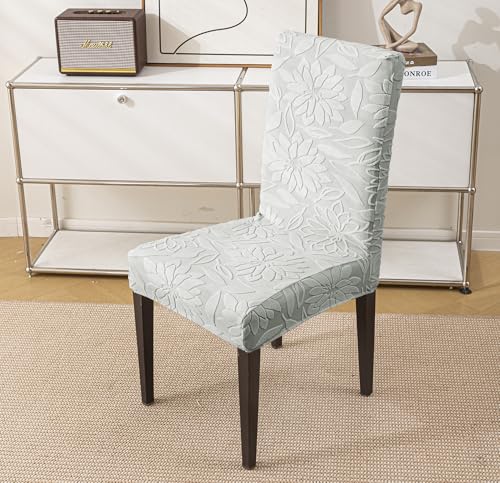 Image of House of Quirk Stretchy Universal Camellia Jacquard Waterproof Chair Cover Removable & Washable Short Dining Chair Cover Protector Seat Slipcover (Light Grey,Pack of 8)