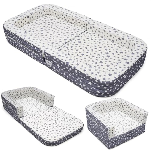 Image of Toddler Travel Bed,Foldable&Portable Baby Cot,Three-in-one Design Little Sofa,Play Mat,Floor Bed for Kids ,Oxford Fabric with Star Print,Lightweight&Easy Carry 60"x30"x7.9" (Sleeping, Lounging, Play)