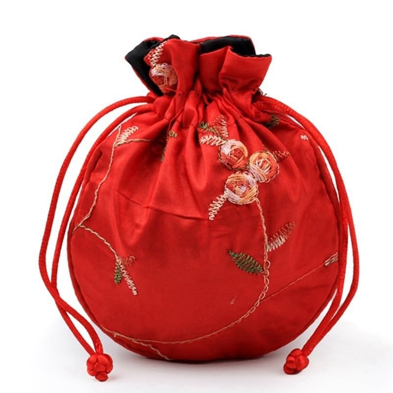 Cadeaux En Satin Avec Cordon Pochettes en Satin de brocart de soie, sac à cordon de serrage, pochette d'emballage de produits de bijoux damassés, sac cadeau de noël/mariage brodé(3,25Pcs)