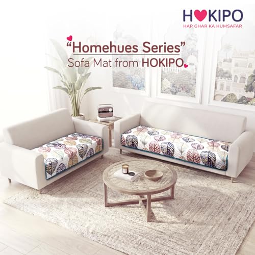 Image of HOKIPO 'Homehues Series' Printed Quilted 5 Seater Sofa Cover Set - Washable 3+2 Sofa Cover Mat | Multicolor Linden Leaf (IN-807 + IN-809 - D7)