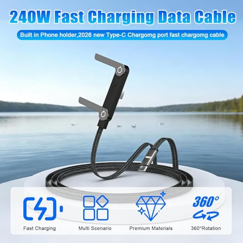 Image of MARSJONE USB C to USB C 240W Fast Charging Cable with Foldable Mobile Stand Holder, Braided Type C PD Cord 4.9 Ft Length for Gaming Desk Office Travel and Home Charging