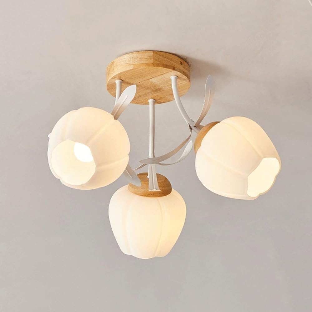 3-Head Ceiling Light Semi Flush Mount Ceiling Light Fixture Glass Flower Shape Ceiling Chandelier E27 Ceiling Lamp Wooden Base Chandelier for Closet Hallway Entryway Kid's Room