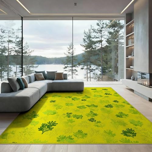 ODIKA 9'x12' Washable Modern Leaf Area Rug, Lime Green Foldable Oversized Carpet for Great Room, Indoor Open Concept, Large Living Room, Low Profile Flatwoven Floor Covering | Ref:2025231