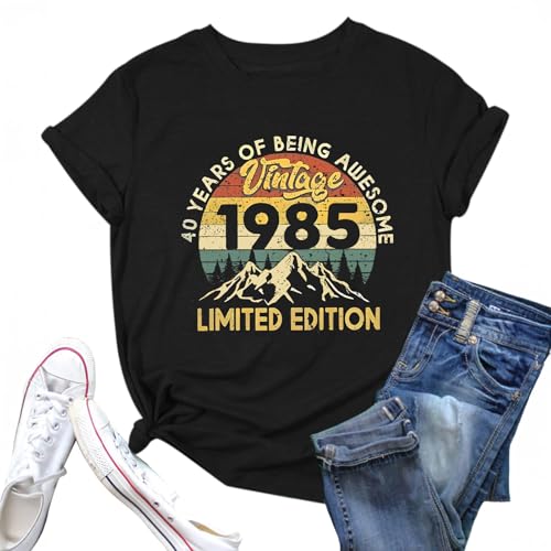 40th Birthday Shirts for Women 1985 Shirt Vintage Graphic Tees Retro Tshirts 40 Year Old Birthday Gifts Casual Tops