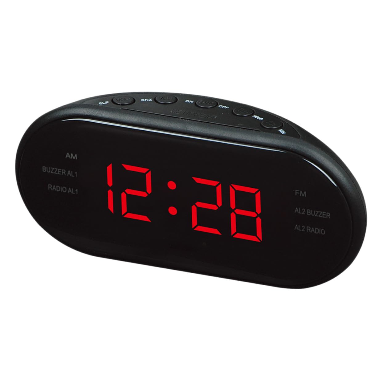 NOLITOY Radio Reloj Despertador Digital Rojo con Doble Alarma y FM | Plástico, Diseño Compacto para Mesita, Formato Electrónico con Pantalla Curvada y Repetición