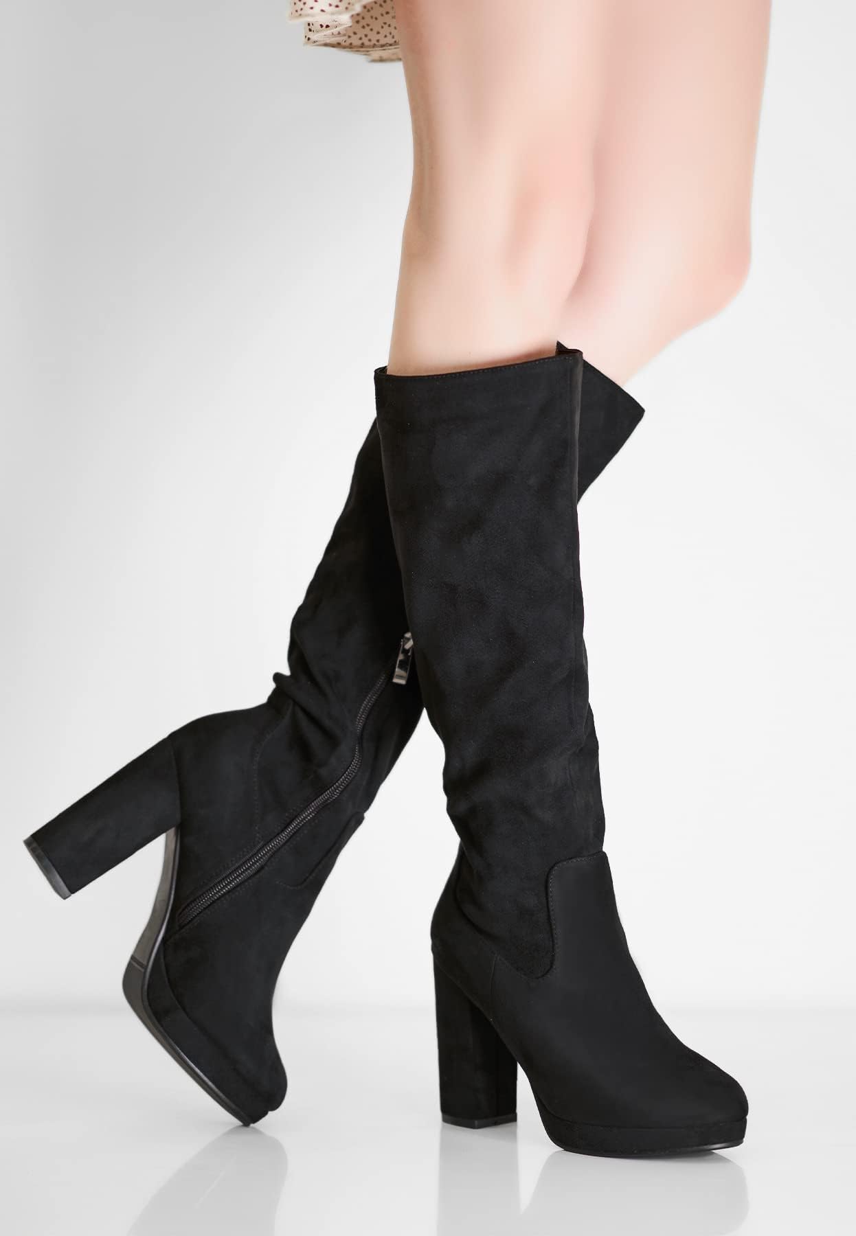 QUEEN HELENA Botas altas con Tacón Plataforma Zip Lateral Gamuza Casual Cómodos Invierno Mujer ZM9213