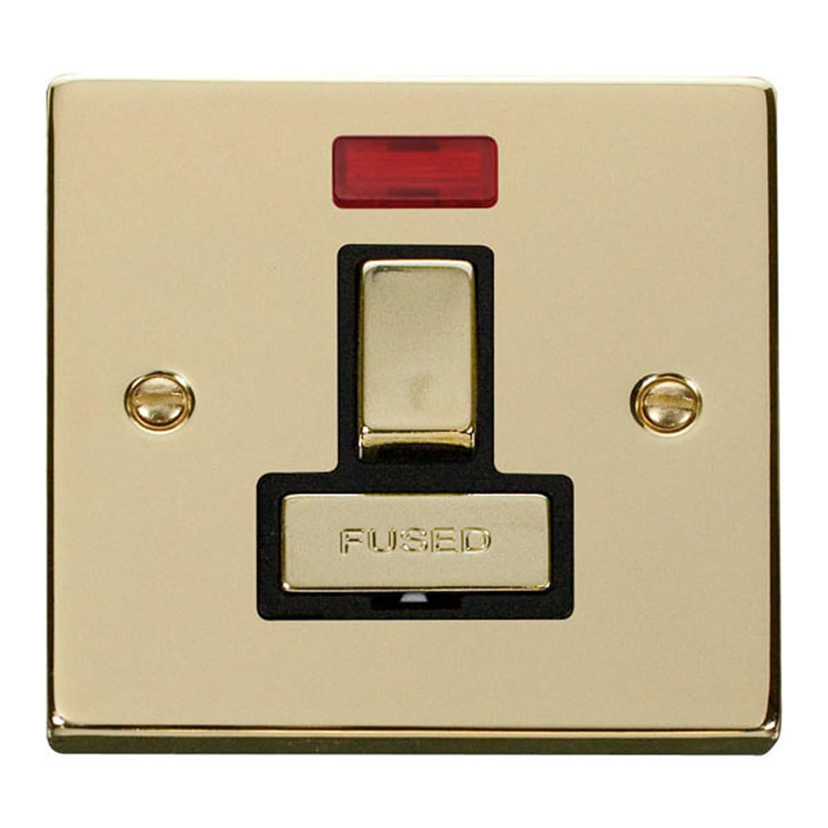 Click Polished Brass 13A Fused Ingot Connection Unit Switched With Neon - Black Insert