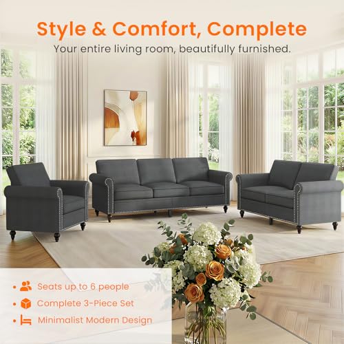 Image of ijuicy 3 Pcs Sectional Sofa Set for Living Room-Modern Linen Upholstered Couch Set with 5 inch Thick Cushion & Nailhead Trim, Living Room Furniture Sets-Armchair, Loveseat, 3 Seat Sofa(Dark Gray)