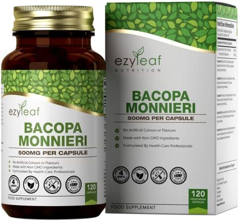 Ezyleaf Bacopa Monnieri 500mg High Strength Bacopa Supplement 50% Bacosides | 120 Bacopa Capsules | Bacopa Extract Ayurvedic Brahmi Powder Capsules | Vegan, Non-GMO Allergen & Gluten Free | Made In UK