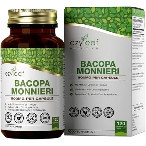 Ezyleaf Bacopa Monnieri 500mg High Strength | 120 Vegan Brahmi Capsules | 100% Natural Formula | Bacopa Extract Ayurvedic Supplement | Brahmi Powder Capsules | Non-GMO Allergen & Gluten Free | UK Made Cover