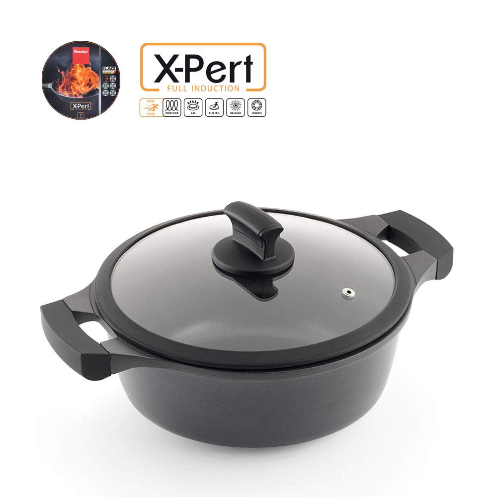 Metaltex XPERT-Cacerola Alta Aluminio Fundido, 28 cm, Antiadherente ILAG 3 Capas, Full Induction válido para Todo Tipo de cocinas, Negro, 28 CMS