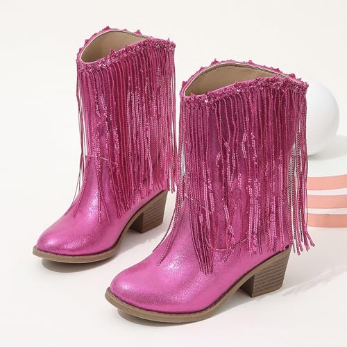 Cowboy Boots for Girls Fringe Western 𝗥hinestone Sparkly Chunky Heel Tassle Mid Calf Kids Pointed Toe Riding Boots4