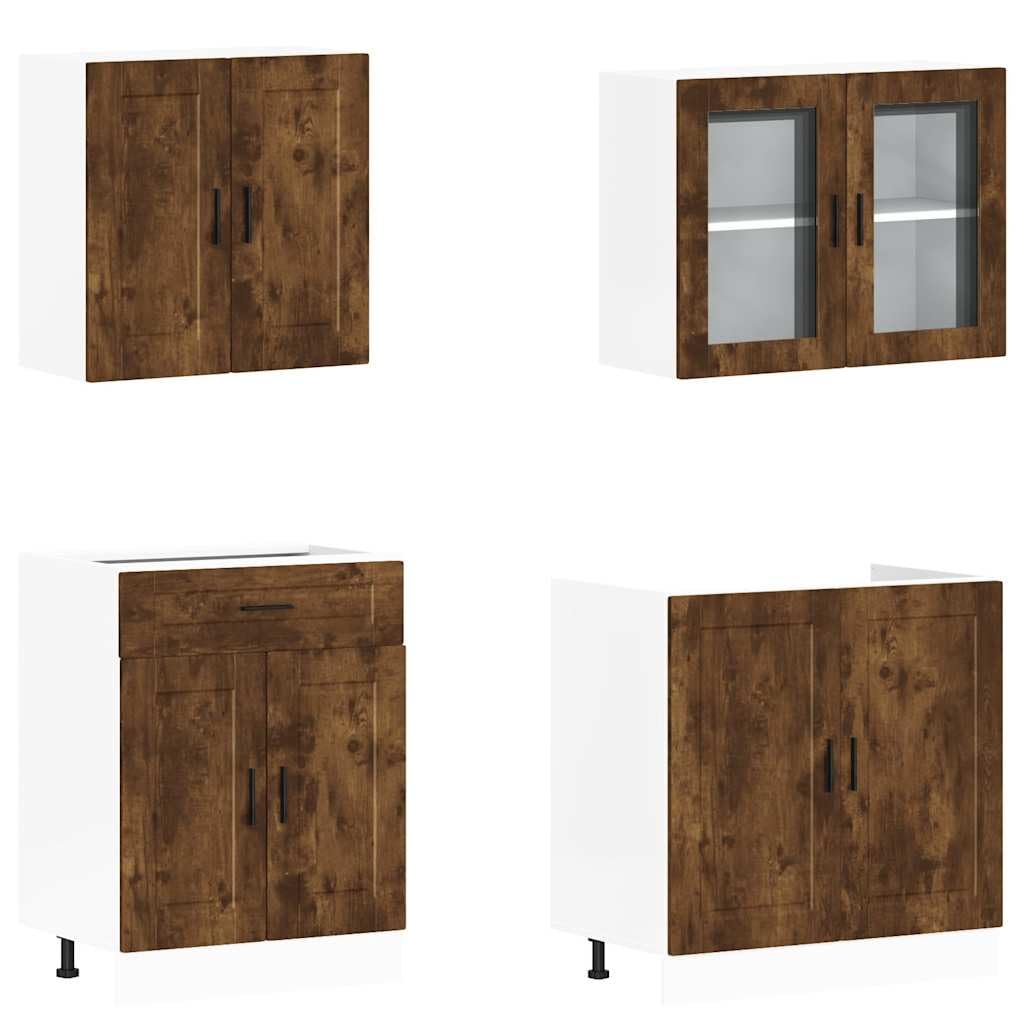 Set di 4 mobili da cucina Porto in legno di quercia affumicata, con ampio spazio di archiviazione, piedini regolabili, pensili pensili, sottopensili e superficie liscia, per cucina e sala da