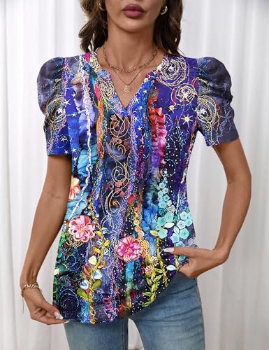 Image of LOMON Spring Summer Tops for Women 2026 V Neck Puff Short Sleeve Tops Fashion Trendy Work Blouses Dressy Casual S-XXL