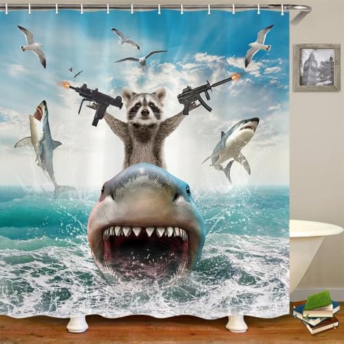 Image of TOMOZ Funny Animal Shower Curtain, Cool Raccoon Riding Shark Theme Ocean Shower Curtain for Bathroom, Fun Nautical Hilarious Fabric Bath Curtain with 12 Hooks 69 x 78Inch
