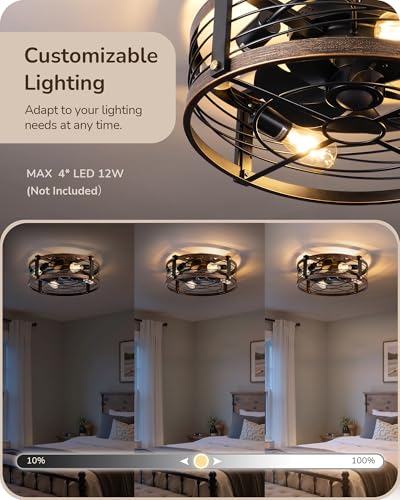 Image of EDISHINE 21 inch Pre-Assembled Ceiling Fans with Lights Flush Mount, 10%-100% Dimmable, Rustic Low Profile Caged Ceiling Fan with Remote, Small Farmhouse Fan Light Ceiling for Kitchen Bedroom Brushed Gold