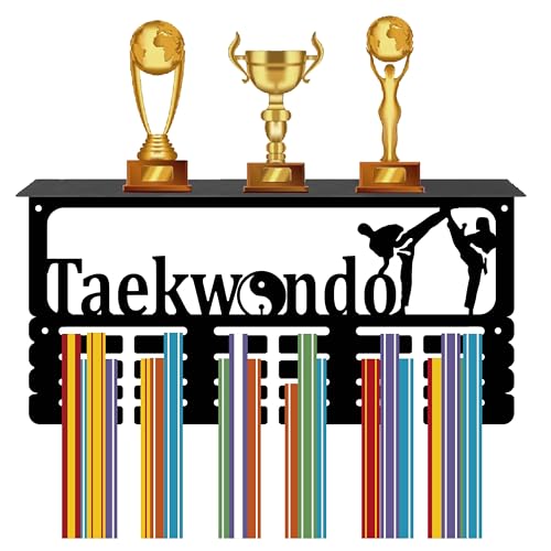 CREATCABIN Taekwondo Medal Holder Trophy Shelf Medal Hanger Display with Shelf Stand Sports 4 Rows Wall Mount Hold 70+ for Men Gymnastics Soccer Running Swimming Awards Rack 15.7 x 7.9 Inch