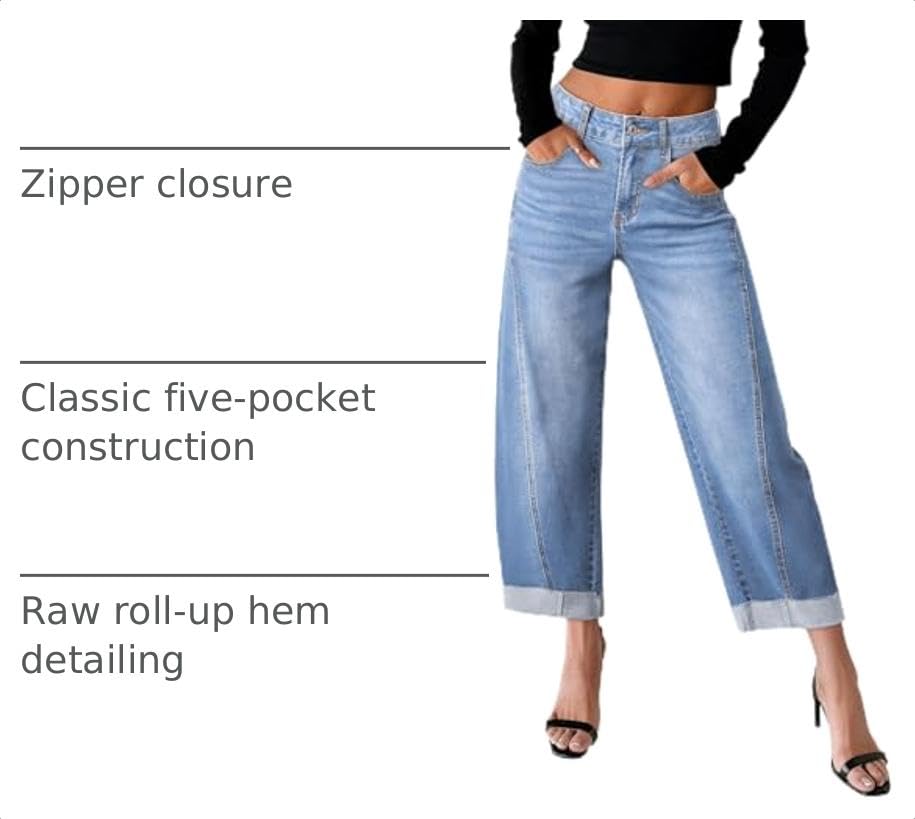 Image of Sidefeel Barrel Jeans for Women High Waisted Wide Leg Baggy Stretchy Trendy Raw Rolled Hem Capri Cropped Ankle Denim Pants