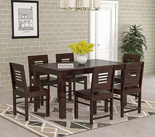 Image of Wooden Dining Set 6 Seater with Chairs | Solid Sheesham Wood 6 Seater Dining Table for Home and Dining Room Sets | Walnut Finish