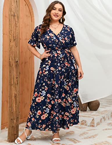 Image of ShopWonder Womens Plus Size V Neck Wrap Maxi Dress High Waist Ruffle Summer Casual Dress with Belt