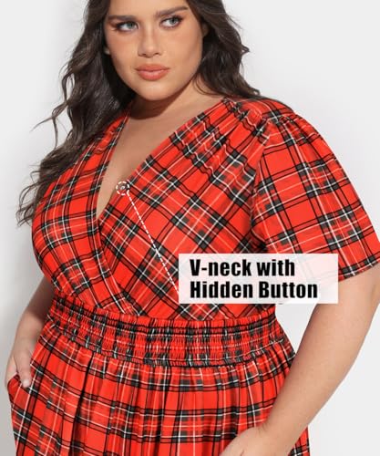 Image of CARCOS Plus Size Dresses for Curvy Women V Neck Summer Maxi Dress Short Sleeve Floral Boho Dress Smocked Waist Beach Dress