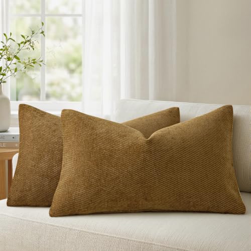 Image of a moment Pack of 2 Decorative Chenille Throw Pillow Covers with Twill Cushion Covers for Sofa Living Room Couch Bed 20x12 Inch Warm Brown
