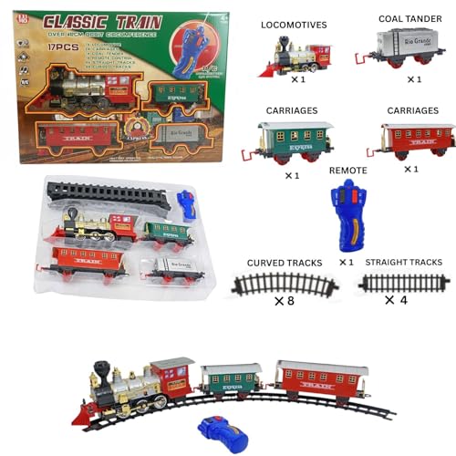 Image of Train Set for Kids | 412 CM Track Electric RC Train with Light & Sound | Battery Operated Classic Toy Train (17 Pcs) | Educational Gift for Boys & Girls - No Smoke (Train with Remote)