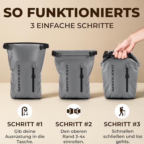 Nordlight Dry Bag wasserdichte Tasche mit Handyhülle + Roll-Top, Schultergurt | Drybag wasserfester Rucksack Beutel Packsack Seesack Wassersack Wetbag | Baden Schwimmen Strand SUP – Grau, 20 Liter