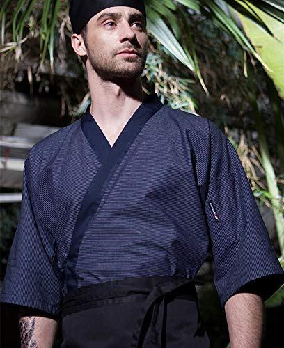 Men's Japanese Blue Stripe Chef-Coat 3/4 Sleeve Kimono Restaurant Chef Jacket