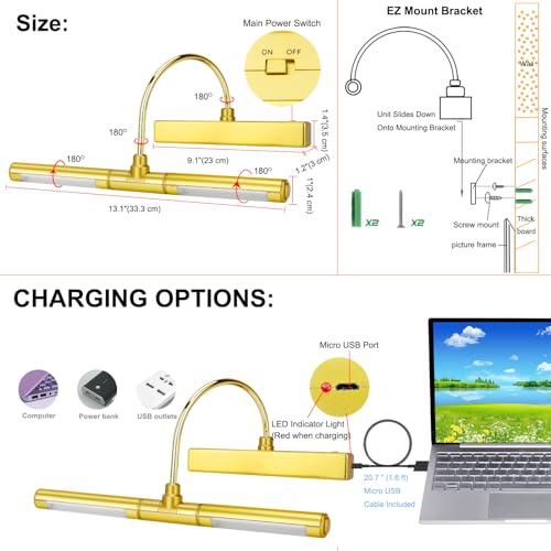 Image of LUXSWAY Picture Lights for Paintings,Art Light,Dimmable Preset Timer Off Display Light for Portrait,Dart Board,Gallery,Showroom-Gold Color