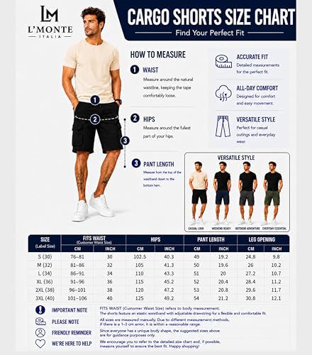 Image of L'MONTE Men's Imported Cotton Casual Relaxed Fit Outwear Cargo Shorts with Expandable Elastic Waist and Multi Pockets