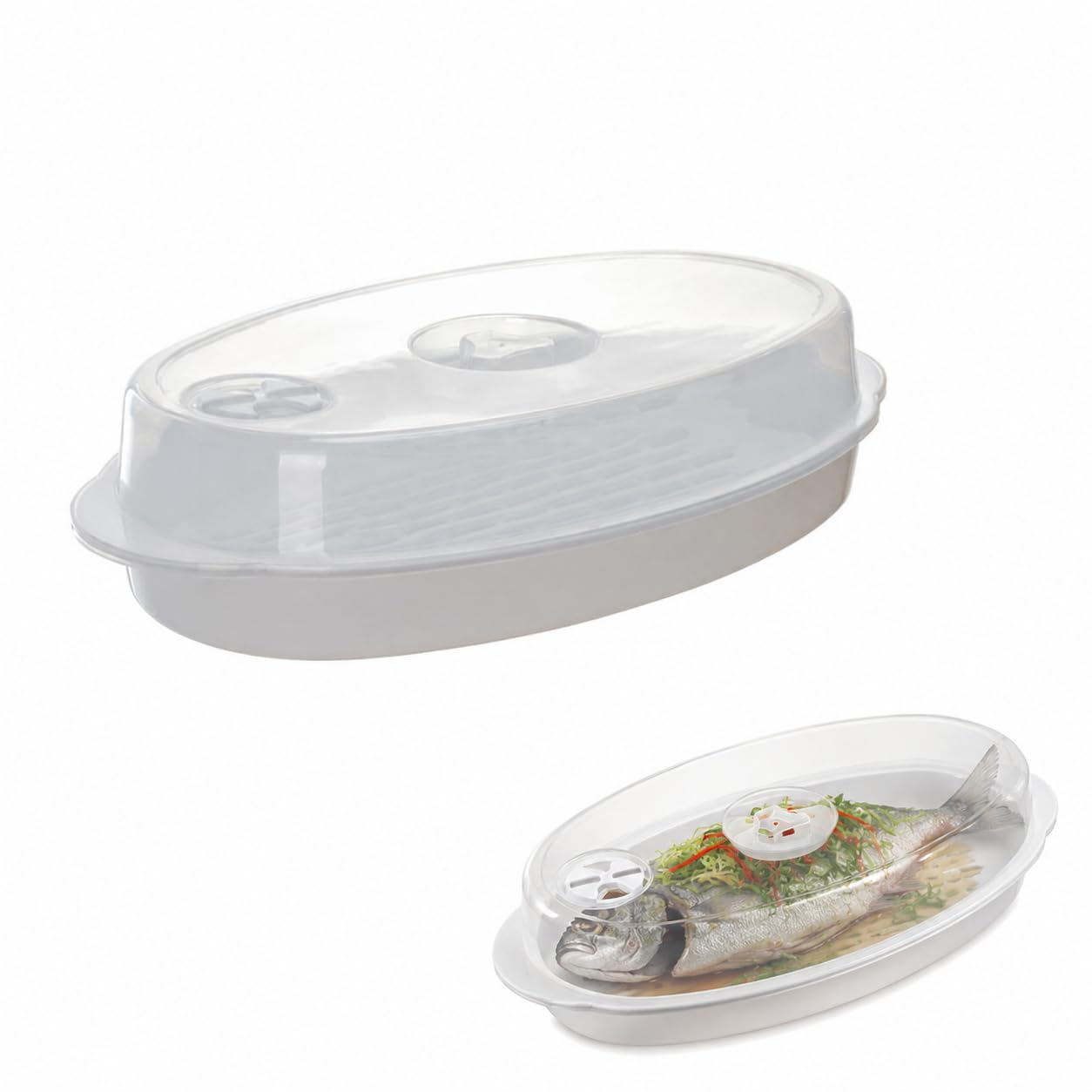 SUPVOX Microwave Fish Steamer with Lid Microwave Fish Poacher and Steamer Plate for Vegetables and Buns Ventilated Steaming Tray for Oven Kitchen Gadget 12.87 X 7.32 X 3.74In