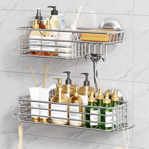 Image of TAILI Shower Caddy Suction Cup 2 Pack with Hooks and Soap Holder, Silver | Heavy Duty Shower Organizer, No Drilling Bathroom Suction Shelves, Wall Shower Caddy