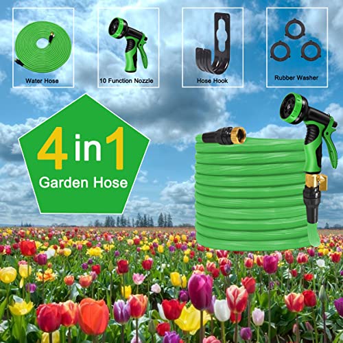 Expandable Garden Hose Water Hose 100Ft Flexible Retractable Water Hose Reusable 3/4" Solid Brass Fittings 10 Function Nozzle Lightweight No-Kink Collapsible Outdoor Yard Hose Car Wash Hose Green #TOP2