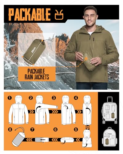 Image of 33,000ft Men's Rain Jacket Waterproof Cycling Running Packable Raincoat with Hood Lightweight Windbreaker with Mesh Lining