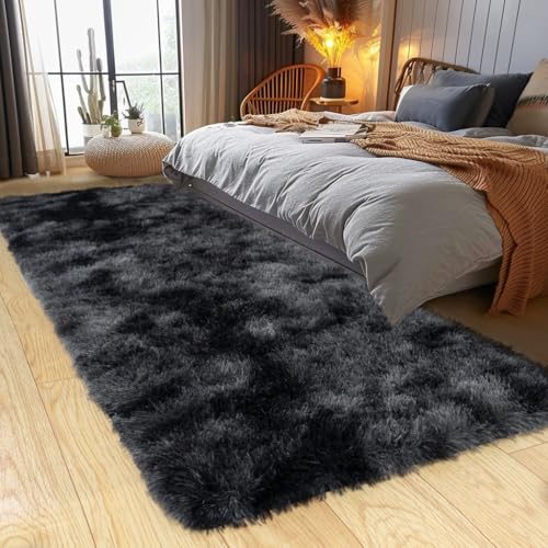 KING DARE Shag Runner Rug 2x6, Soft Fluffy Bedroom Runner Rug Bedside, Non-Slip Washable Plush Fuzzy Carpet for Dorm Girls Boys Kids Room Indoor Decor, Black and Dark Gray