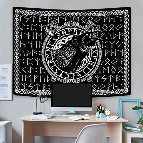 Viking Raven Tapestry, Ancient Nordic Celtic Mythology Runes Tapestries For Men, Norse Viking Crow Greek Mythology Aesthetic Gothic Tapestry For Bedroom Living Room Dorm, 60X40Inch Black White Gray #TOP3