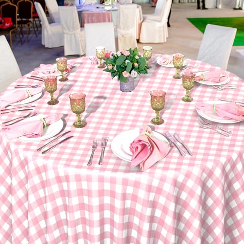Image of 12 Pack Pink Gingham Tablecloth Round, Premium Decorative Disposable Pink and White Checkered Plaid Table Cloths for Parties, Round Party Table Cover for Picnic Farm Birthday Wedding Festivals, 84Inch