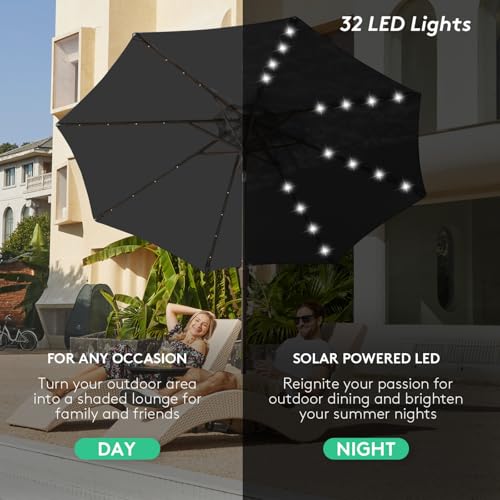 Image of JEAREY 9FT Outdoor Patio Umbrella with Solar Lights, LED Lighted Pool Umbrella with Tilt and Crank, Outdoor Table Umbrellas for Deck, Yard & Market (Grey)