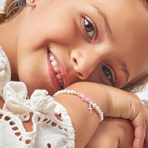 Image of Baby Crystals Personalized Baptism Pearl Bracelet for Girls, White Simulated European Pearls, Sterling Silver Cross Charm Initial Bracelet, Handmade Baptism Gifts for Girl, Girls Jewelry
