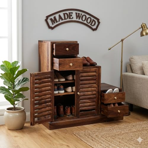Image of MADE WOOD Solid Sheesham Wood Shoe Rack with 2 Doors & 4 Drawers|Wooden Shoe Storage Cabinet for Home Entryway|Multipurpose Footwear Stand for Slippers,Sandals & Chappal|Provincial Teak Finish|
