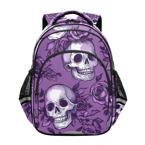 School Backpack Purple Rose Skull Laptop Backpacks Kid's Schoolbag Casual Daypack for Teens Girls Boys Toddler,16.9 