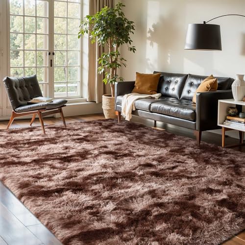 5x7 Brown Rugs for Living Room Fluffy Fur Bedroom Area Rug,1.7'' Thick Rustic Plush Non-Slip Dark Carpet for Book Room Office,Coffee Stain Resistant