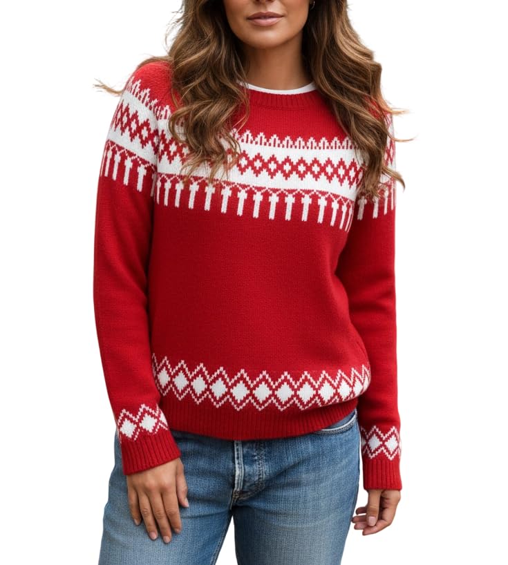 Womens Floral Printed Fair Isle Pullover Sweater Crewneck Long Sleeve Fall Vintage Knit Sweaters