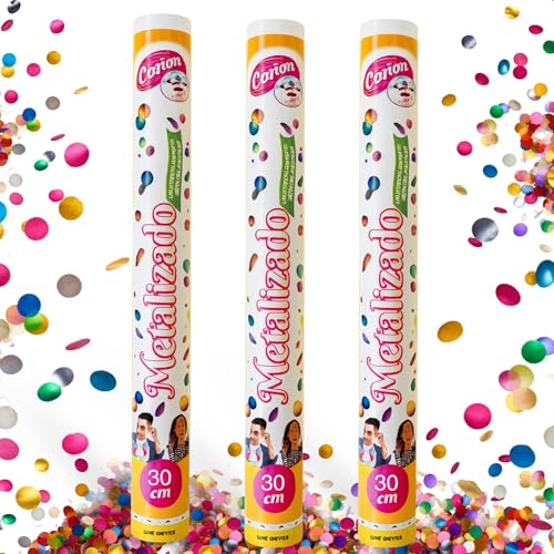 Cañón Confeti Boda, Cañón para fiestas y eventos, Fáciles y Seguros de Usar, Apto para bodas, eventos, celebraciones, Uso interior y Exterior, Diseño Metalizado Multicolor, 30 cm, Pack de 3 unidades