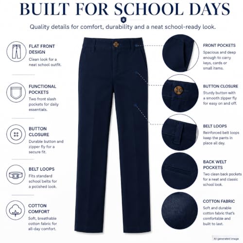 Image of Bienzoe Boys School Uniform Pants: Adjustable Waist Flat Front | Students Ages 6-13, Classroom Days, Picture Day, Awards, Open House, Chapel, Family Events, Lean-To-Regular Builds, Neat Look